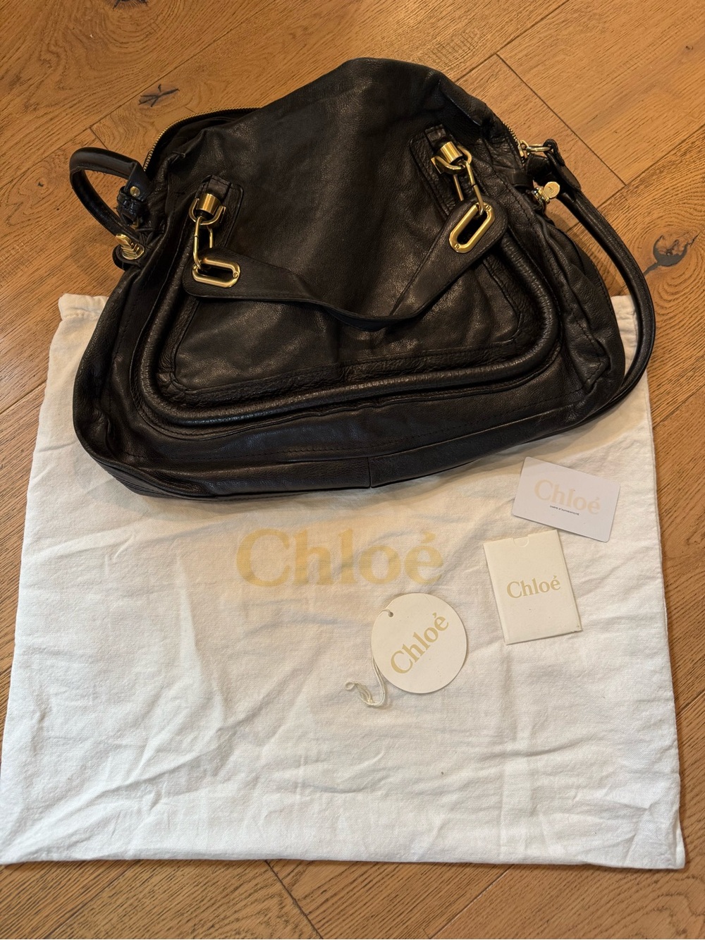 Chloé Paraty Black Leather Shoulder Bag with Gold tone Hardware